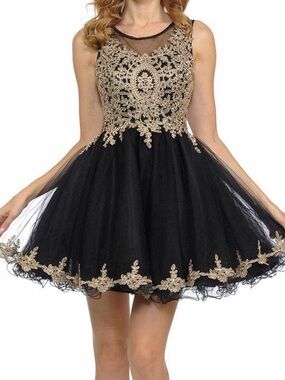 Lenovia Black & Gold Embroidered Tulle Party Dress XS